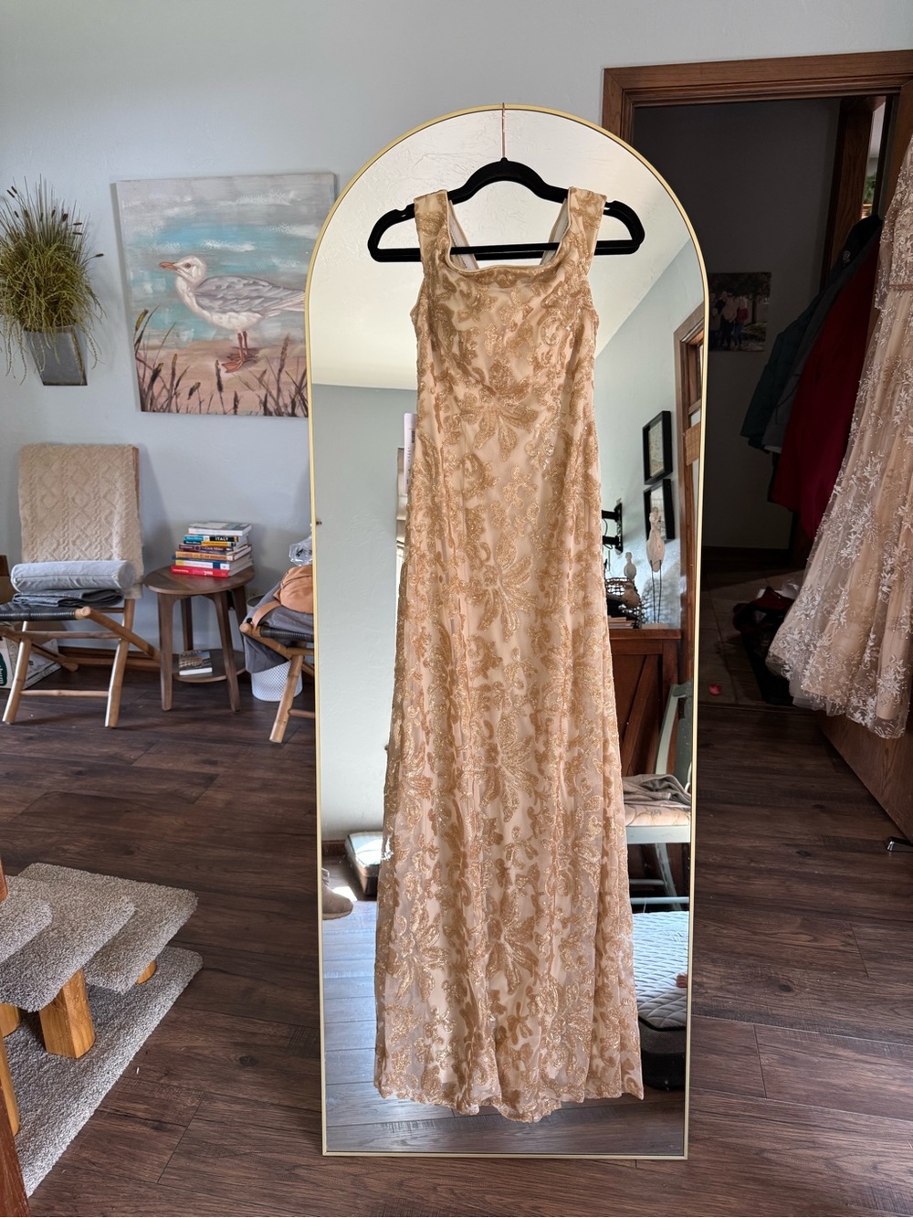 Azazie Porcelain Champagne A-Line Off the Shoulder Lace Dress